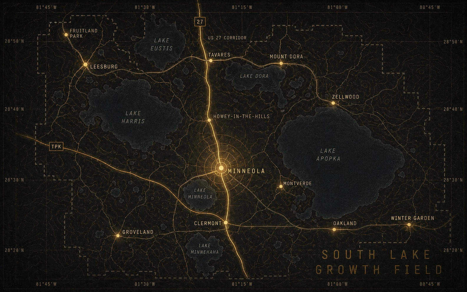 South Lake Growth Field — topographic chart of central Florida between the Florida Turnpike and Lake Apopka. Lake Eustis, Lake Harris, Lake Dora, Lake Apopka, Lake Minneola, and Lake Minnehaha render as charcoal-blue water bodies against a dark field. The US-27 corridor runs north–south through Leesburg, Tavares, Howey-in-the-Hills, Minneola, and Clermont. Minneola sits at the signal center, marked by concentric gold rings. Groveland, Mount Dora, Zellwood, Montverde, Oakland, Winter Garden, and Fruitland Park appear as quieter gold nodes along the corridor and feeder routes. The Florida Turnpike and the dashed parcel boundary frame the southern edge.